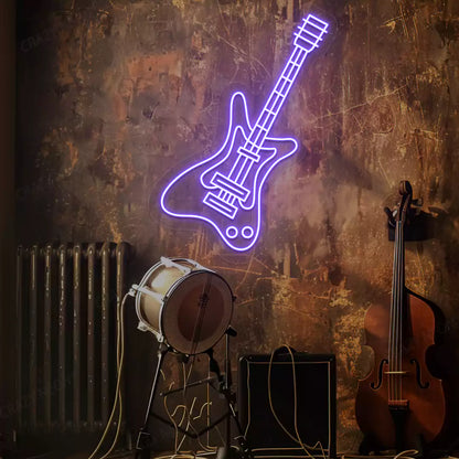 purple rock guitar neon sign mounted on a wall