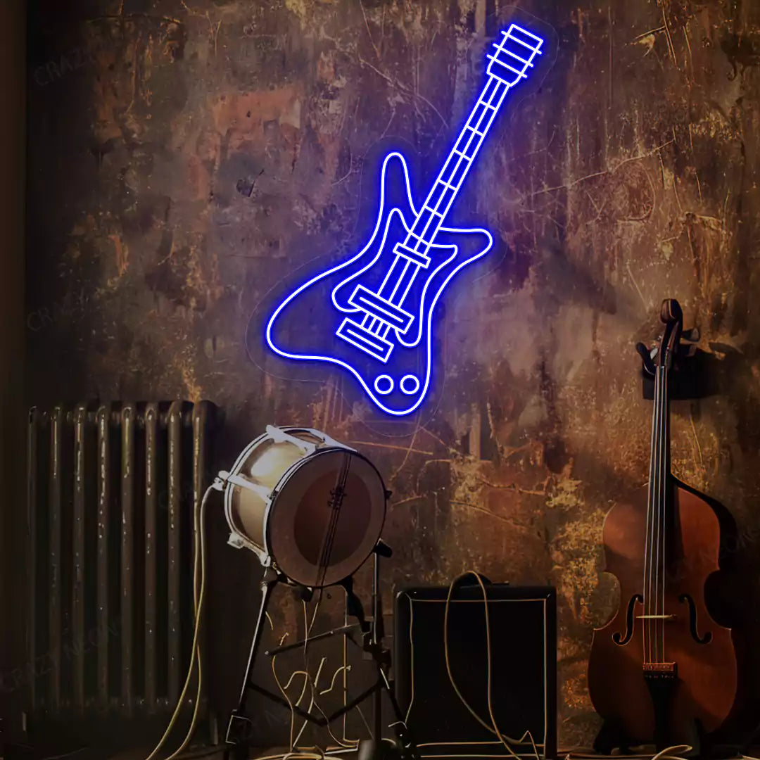 blue rock guitar neon sign mounted on a wall