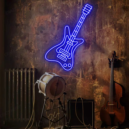 blue rock guitar neon sign mounted on a wall