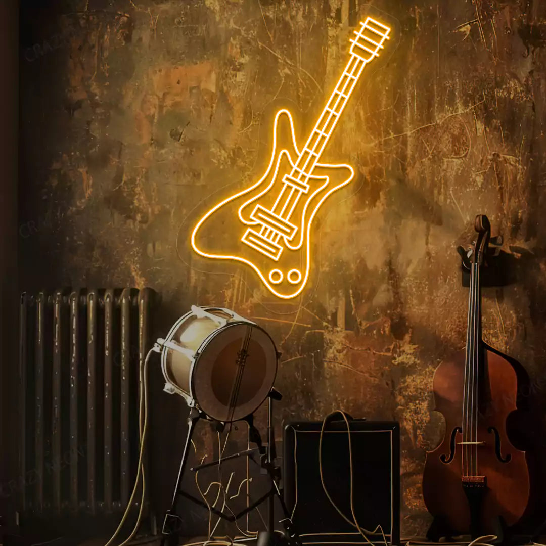 orange rock guitar neon sign mounted on a wall