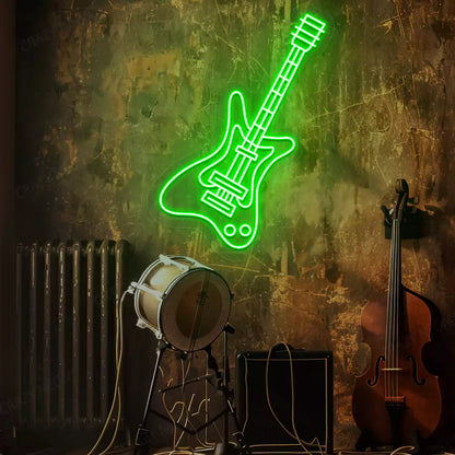 green rock guitar neon sign mounted on a wall