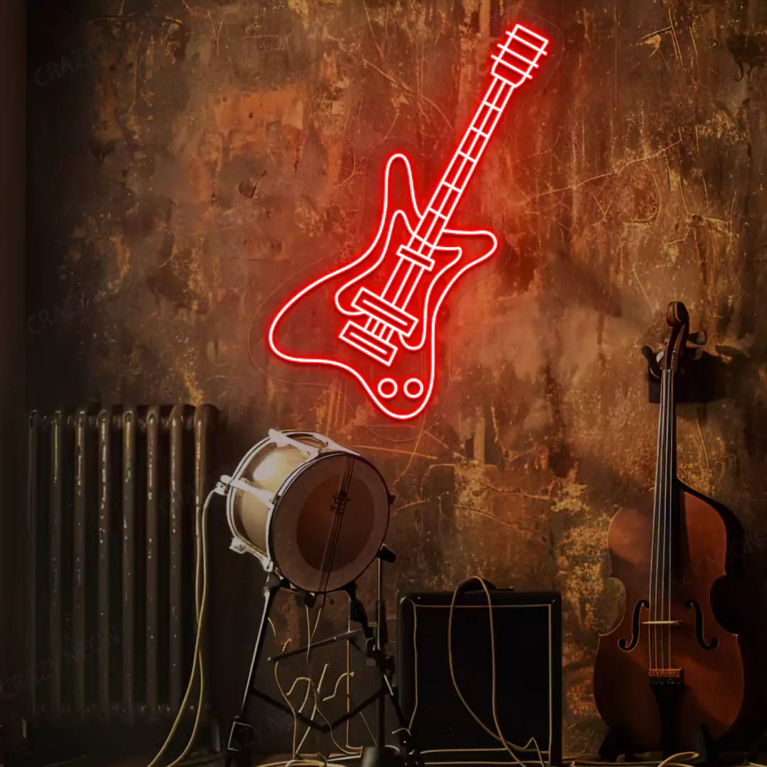 red rock guitar neon sign mounted on a wall