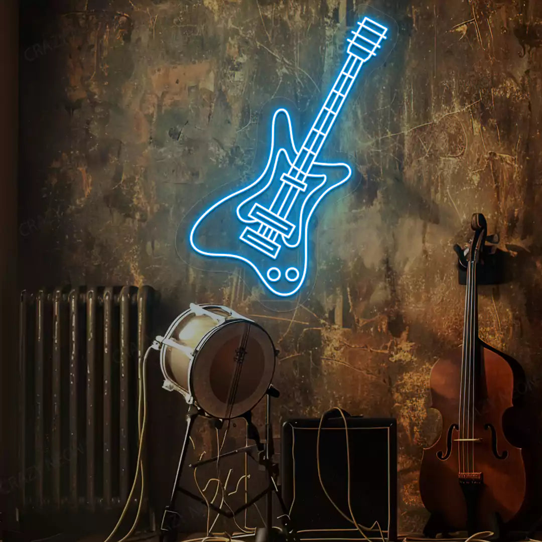 ice blue rock guitar neon sign mounted on a wall