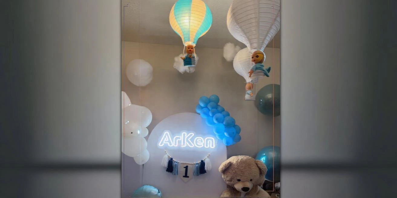 ArKen first birthday neon sign party decor 