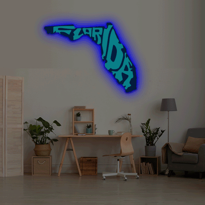 Florida map backlit metal wall art vinyl print with RGB color changing LED backlight
