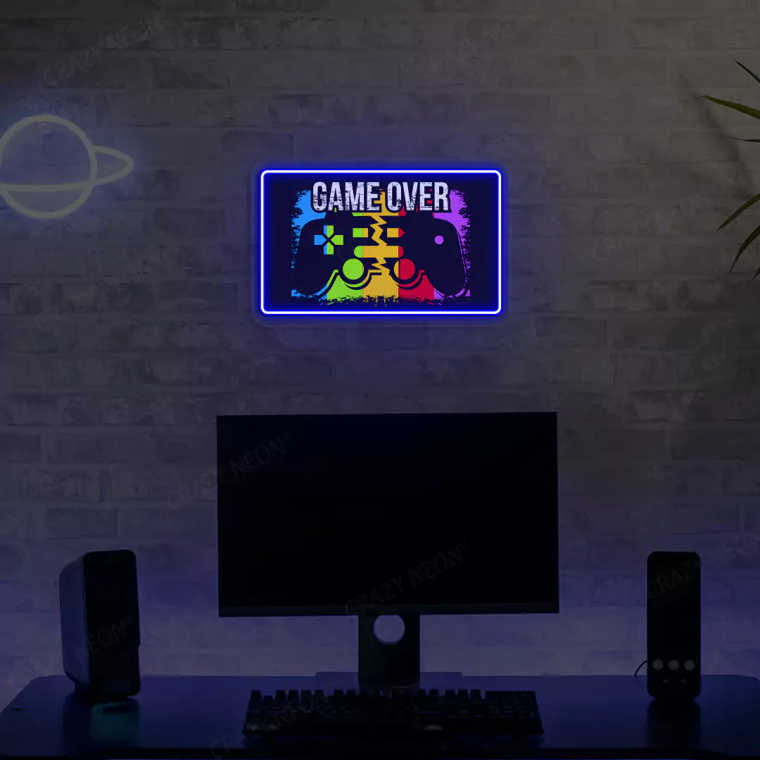 Game Over Neon Artwork Sign in blue color
