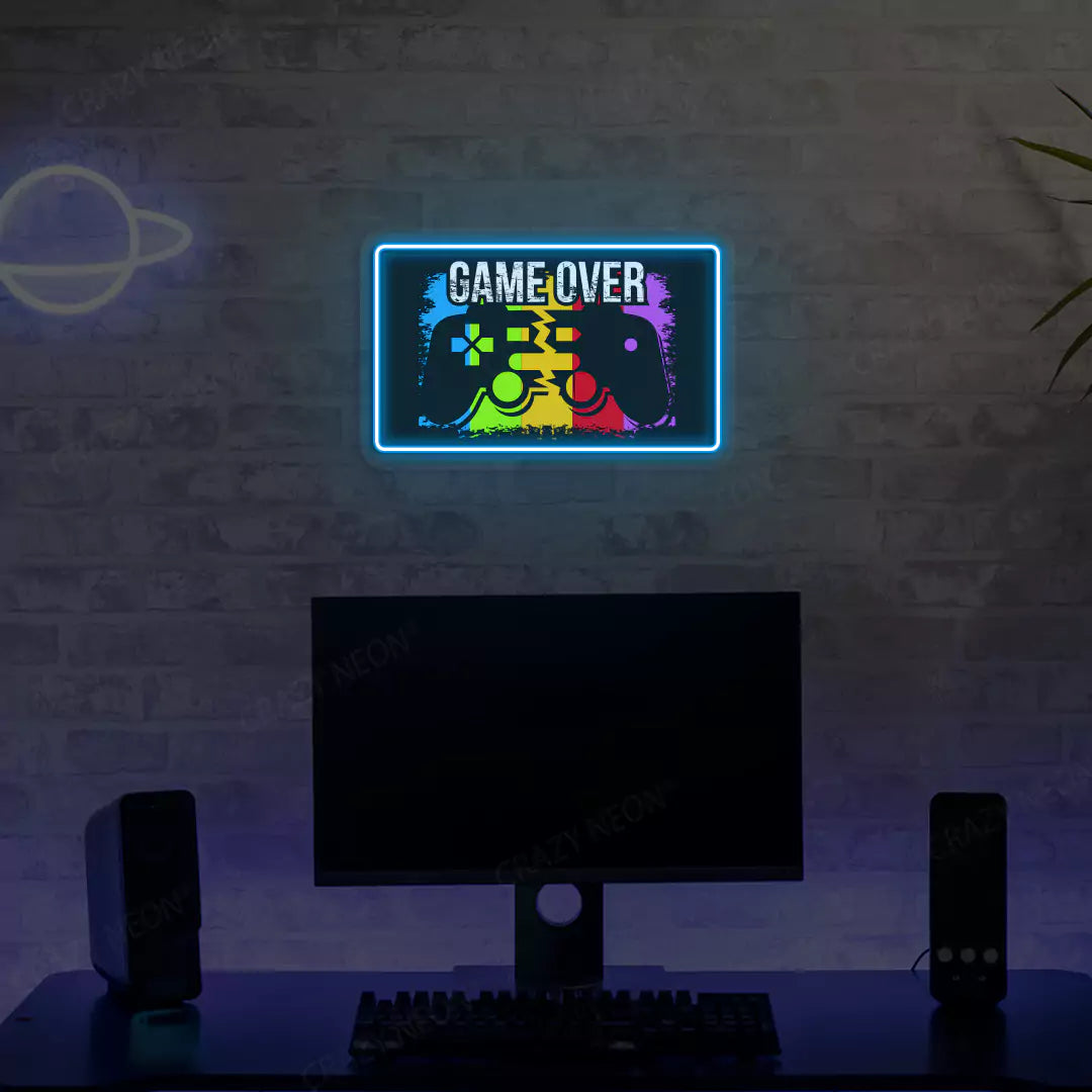 Game Over Neon Artwork Sign in Ice Blue