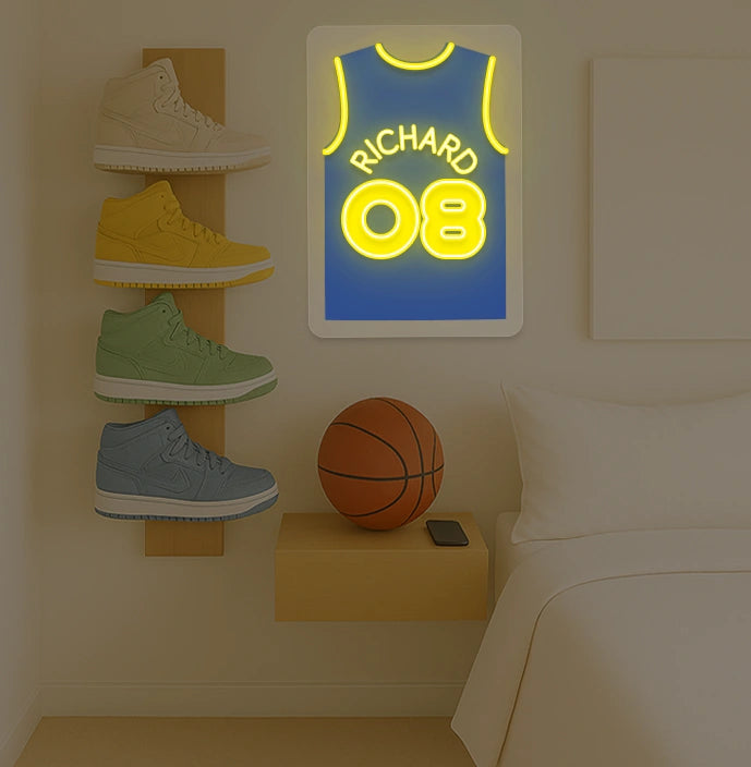 Phoenix basketball jersey neon sign with OLIVIA 08 in yellow and purple, bedroom decor with sneaker rack and basketball