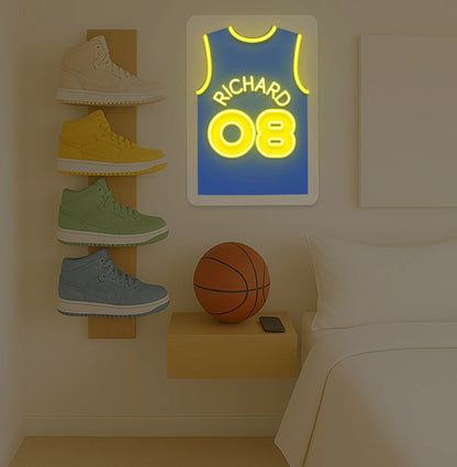 Phoenix basketball jersey neon sign with OLIVIA 08 in yellow and purple, bedroom decor with sneaker rack and basketball