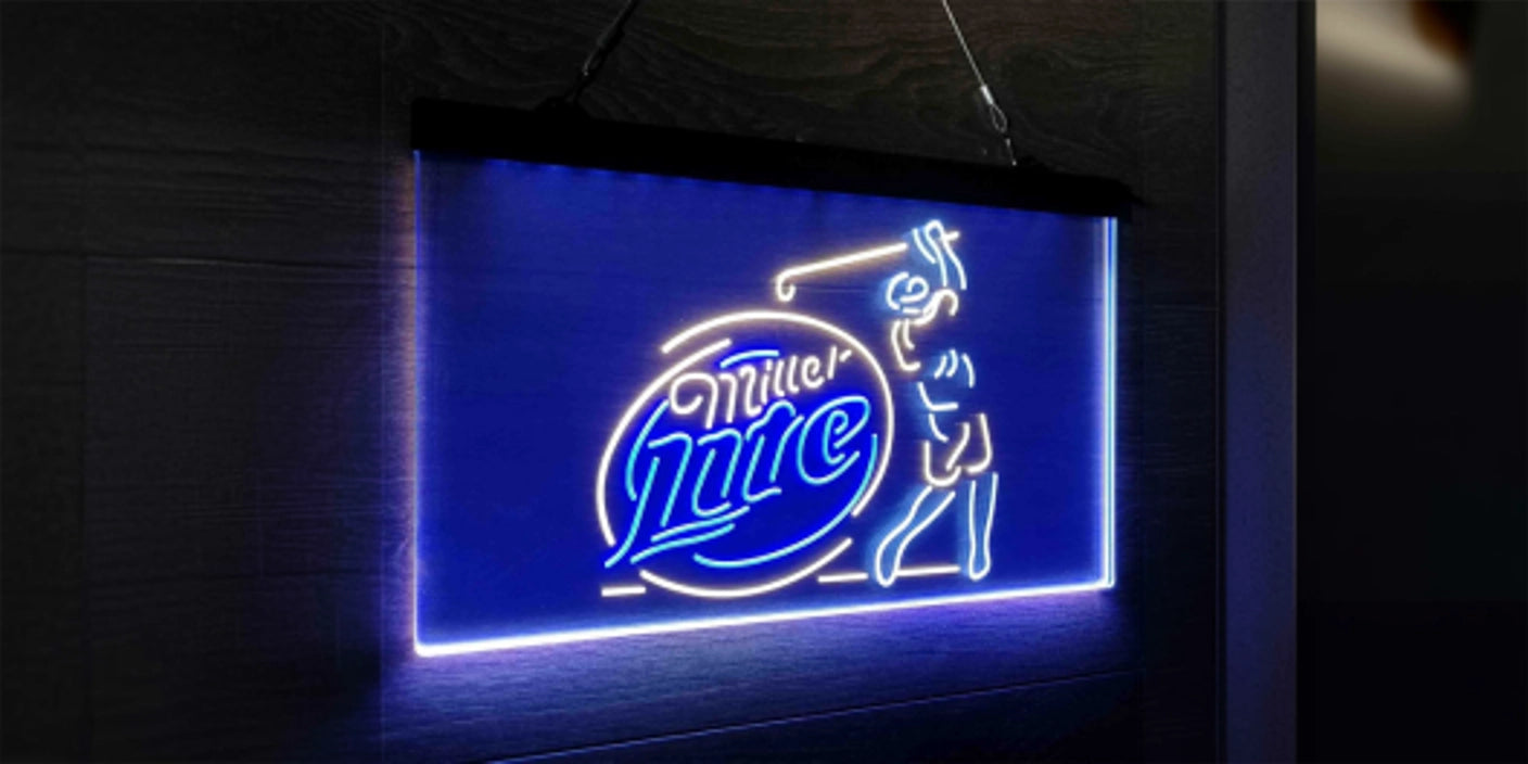 Miller Lite golf neon sign featuring golfer outline on dark wall