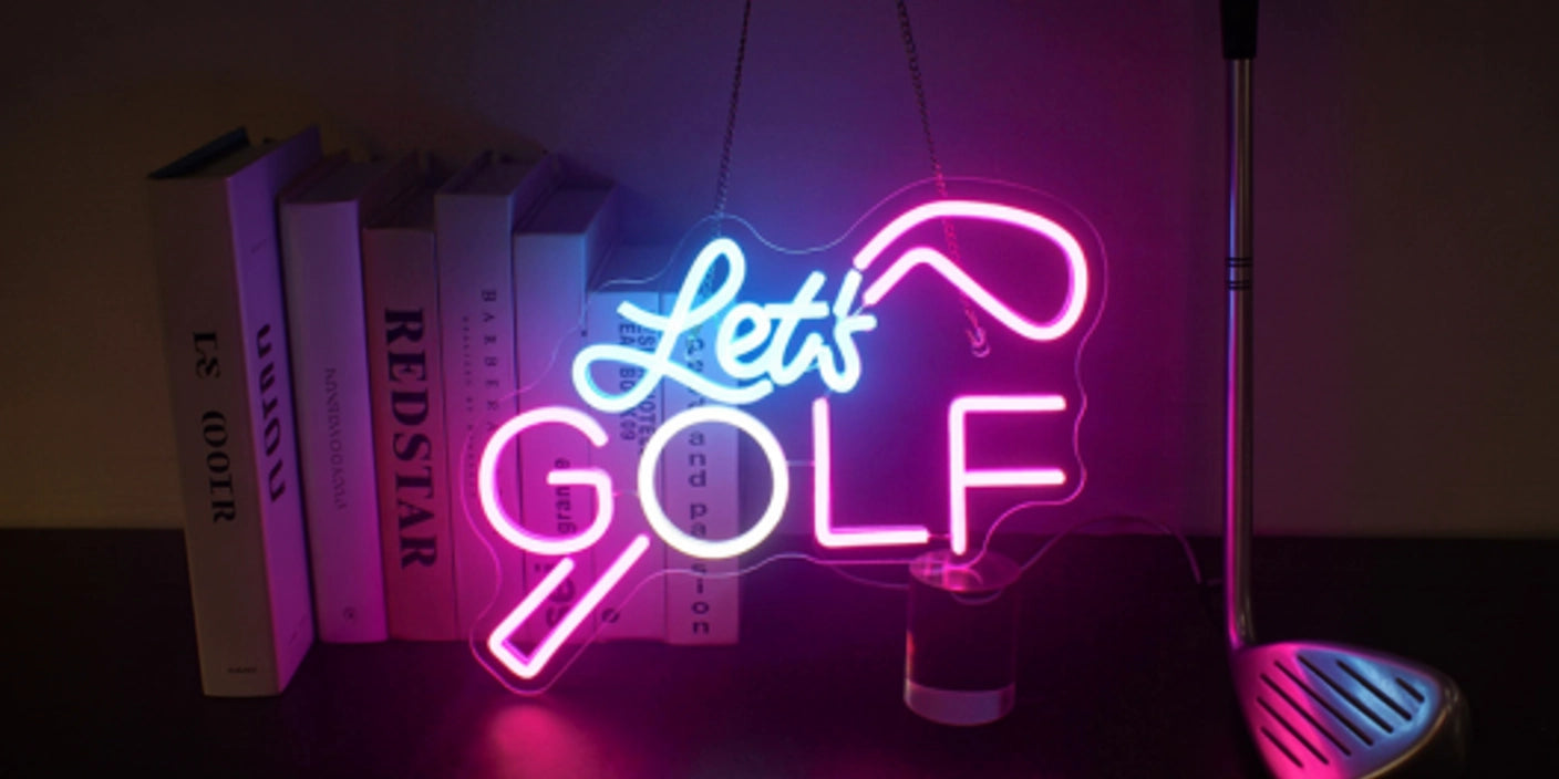 Let’s Golf neon sign with golf club decor on bookshelf in modern room