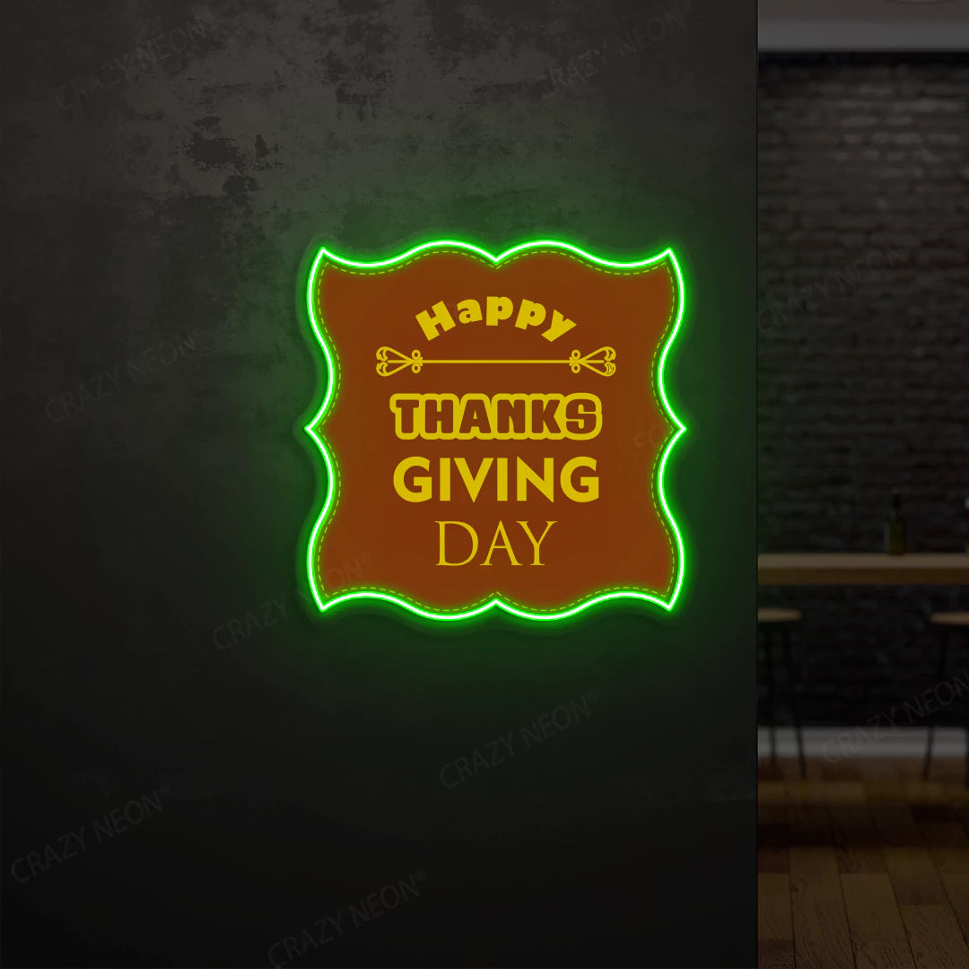 Grateful greetings happy thanksgiving day neon sign in green