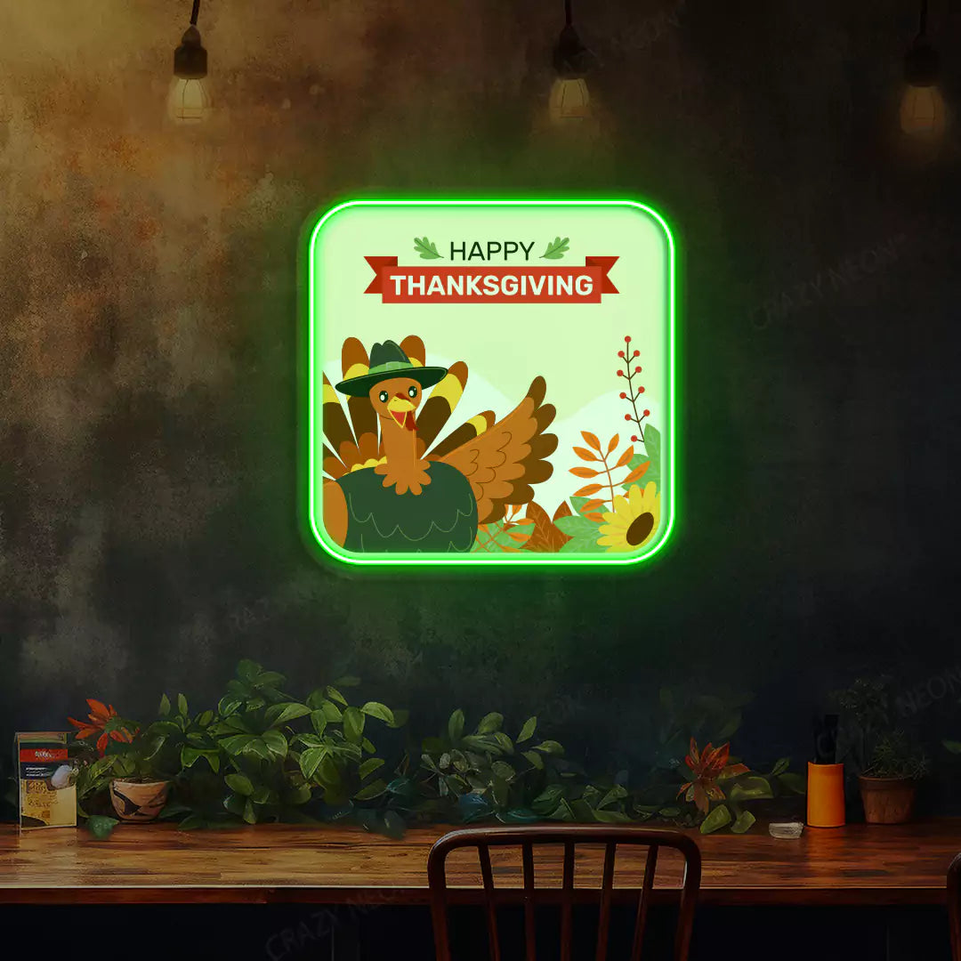 Turkey pilgrim happy thanksgiving neon sign in green