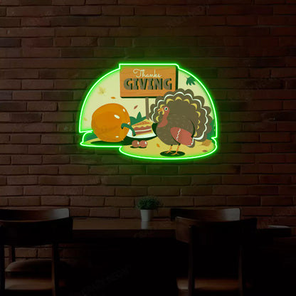 Thanksgiving turkey and pumpkin feast neon sign in green