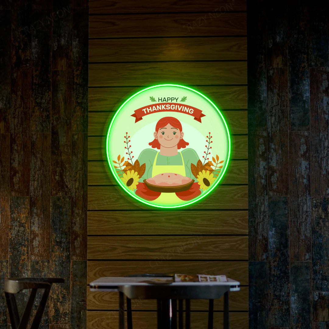 Thanksgiving pie with red-haired chef neon sign in green