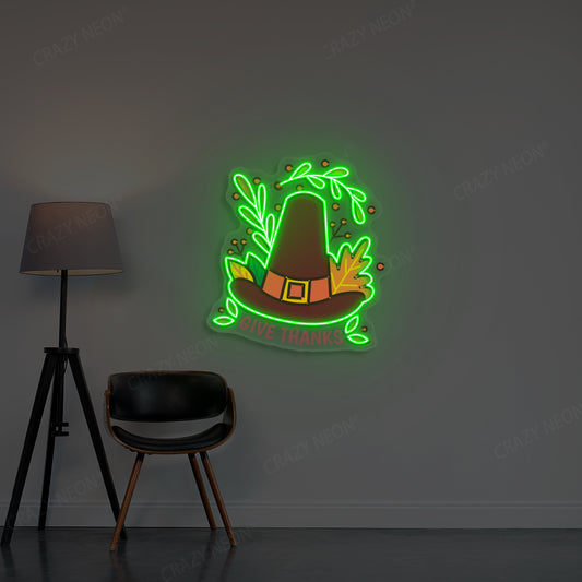 Pilgrim hat give thanks neon sign in green