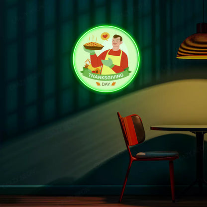 Thanksgiving chef with fresh baked pie neon sign in green