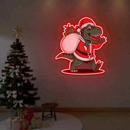 Santa Dino Christmas Neon Artwork | Red