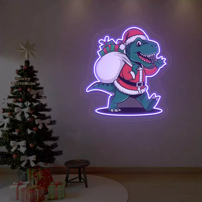 Santa Dino Christmas Neon Artwork | Purple