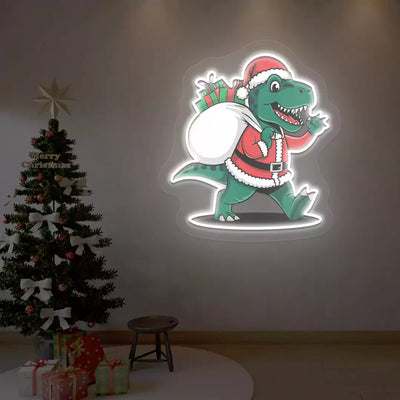 Santa Dino Christmas Neon Artwork | White