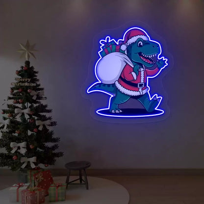 Santa Dino Christmas Neon Artwork | Blue