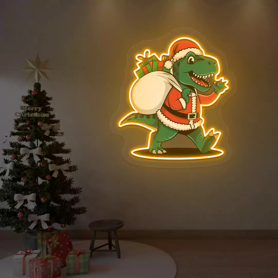 Santa Dino Christmas Neon Artwork | Orange