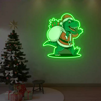 Santa Dino Christmas Neon Artwork | Green