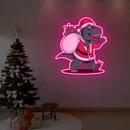 Santa Dino Christmas Neon Artwork | Pink