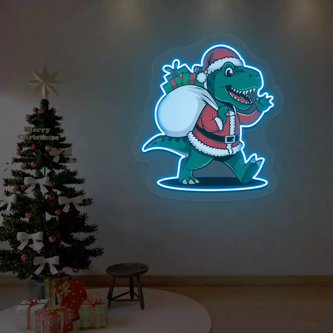 Santa Dino Christmas Neon Artwork | Iceblue