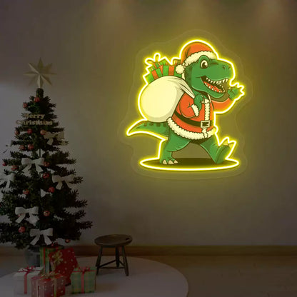 Santa Dino Christmas Neon Artwork | Yellow