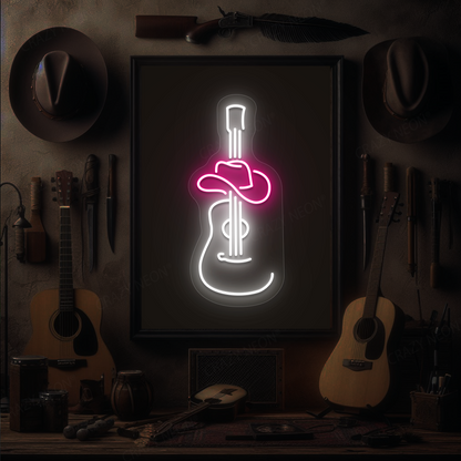 Cowboy Guitar & Hat Neon Sign | Pink