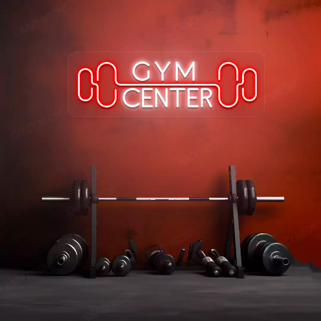 white and red gym center neon sign mounted on a wall