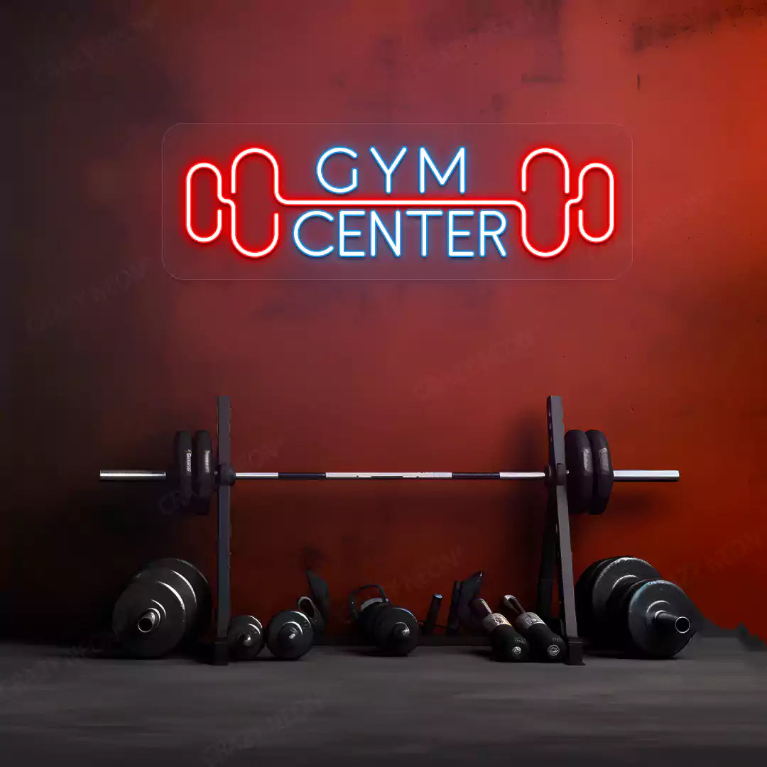 ice blue and red gym center neon sign mounted on a wall