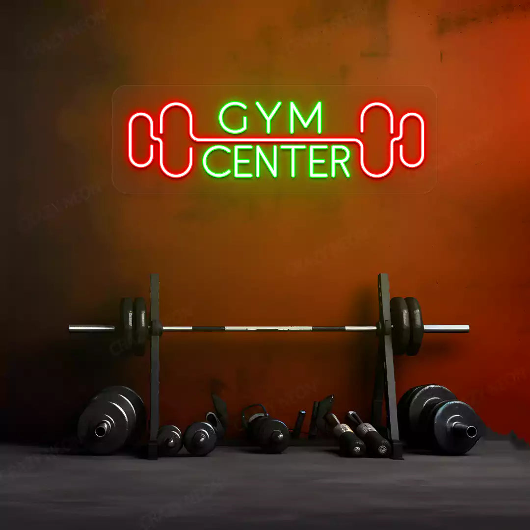 green and red gym center neon sign mounted on a wall