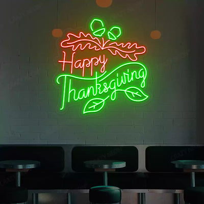 Oak leaf happy thanksgiving neon sign in red and green