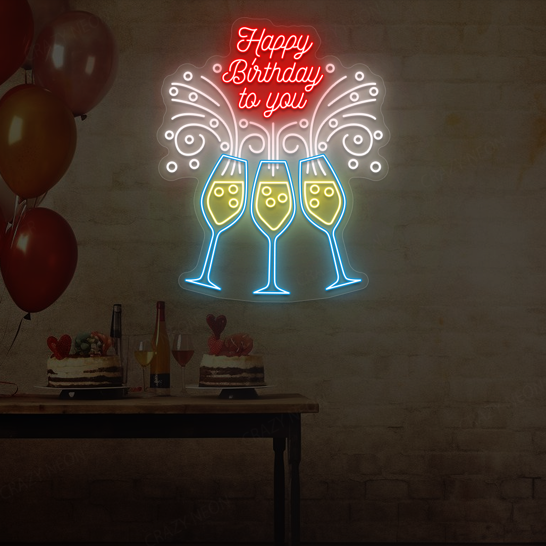 Happy Birthday To You – Toast with Glasses LED Neon Sign | Iceblue