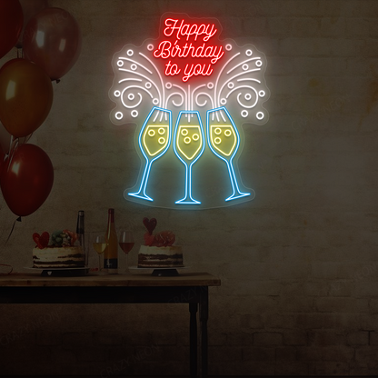 Happy Birthday To You – Toast with Glasses LED Neon Sign | Iceblue