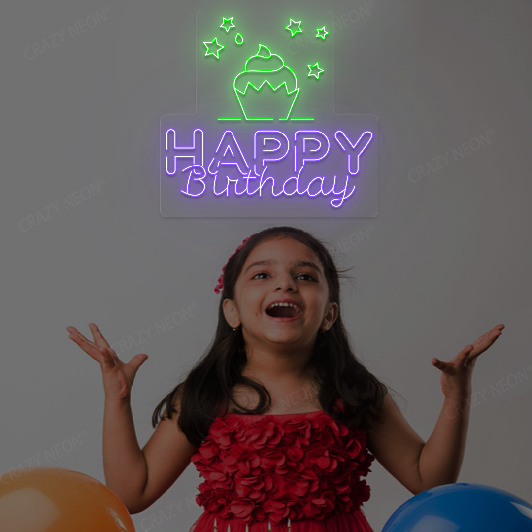 Happy Birthday With Cupcake Neon Sign | Purple