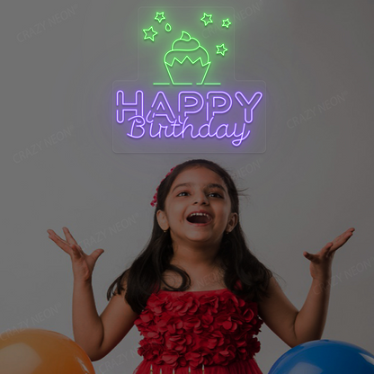 Happy Birthday With Cupcake Neon Sign | Purple