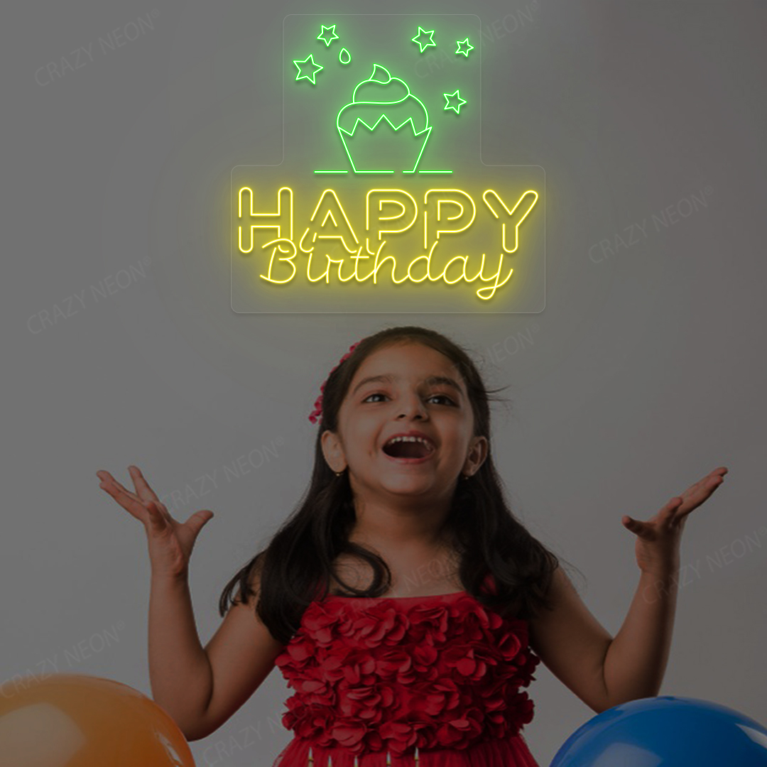 Happy Birthday With Cupcake Neon Sign | Yellow