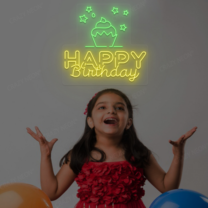 Happy Birthday With Cupcake Neon Sign | Yellow