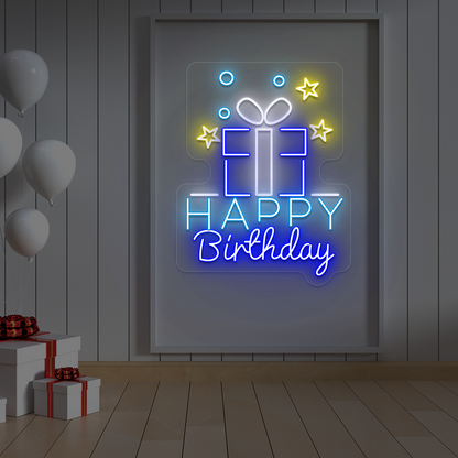 Happy Birthday With Gift Neon Sign | Blue