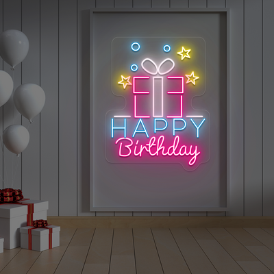 Happy Birthday With Gift Neon Sign | Pink