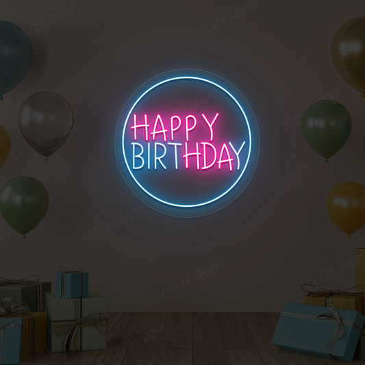 Circle Glow Happy Birthday Neon Sign | Pink