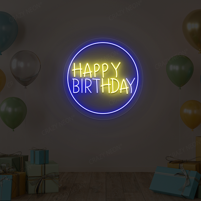 Circle Glow Happy Birthday Neon Sign | Yellow