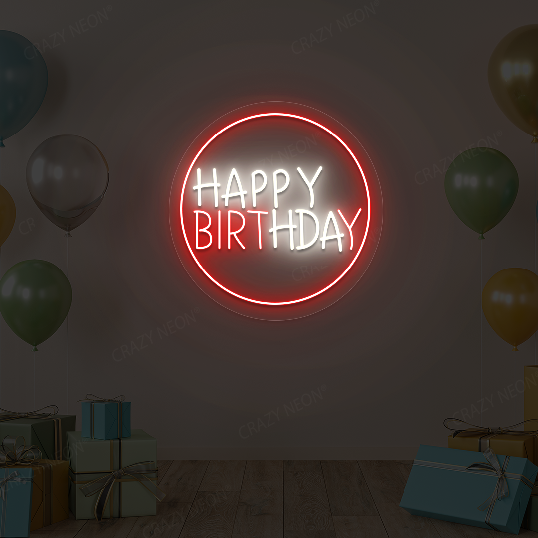 Circle Glow Happy Birthday Neon Sign | White