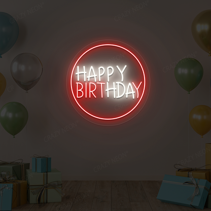 Circle Glow Happy Birthday Neon Sign | White