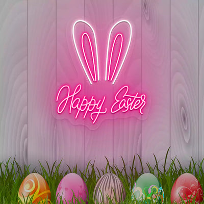 Bunny Ear Happy Easter Neon Sign in Pink color