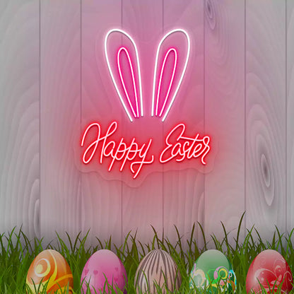 Bunny Ear Happy Easter Neon Sign in Red Color