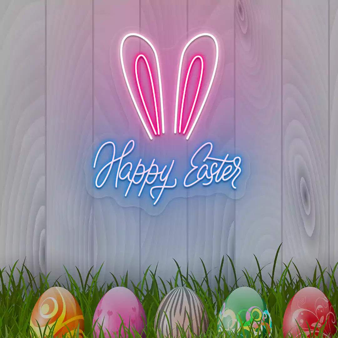 Bunny Ear Happy Easter Neon Sign in Iceblue color